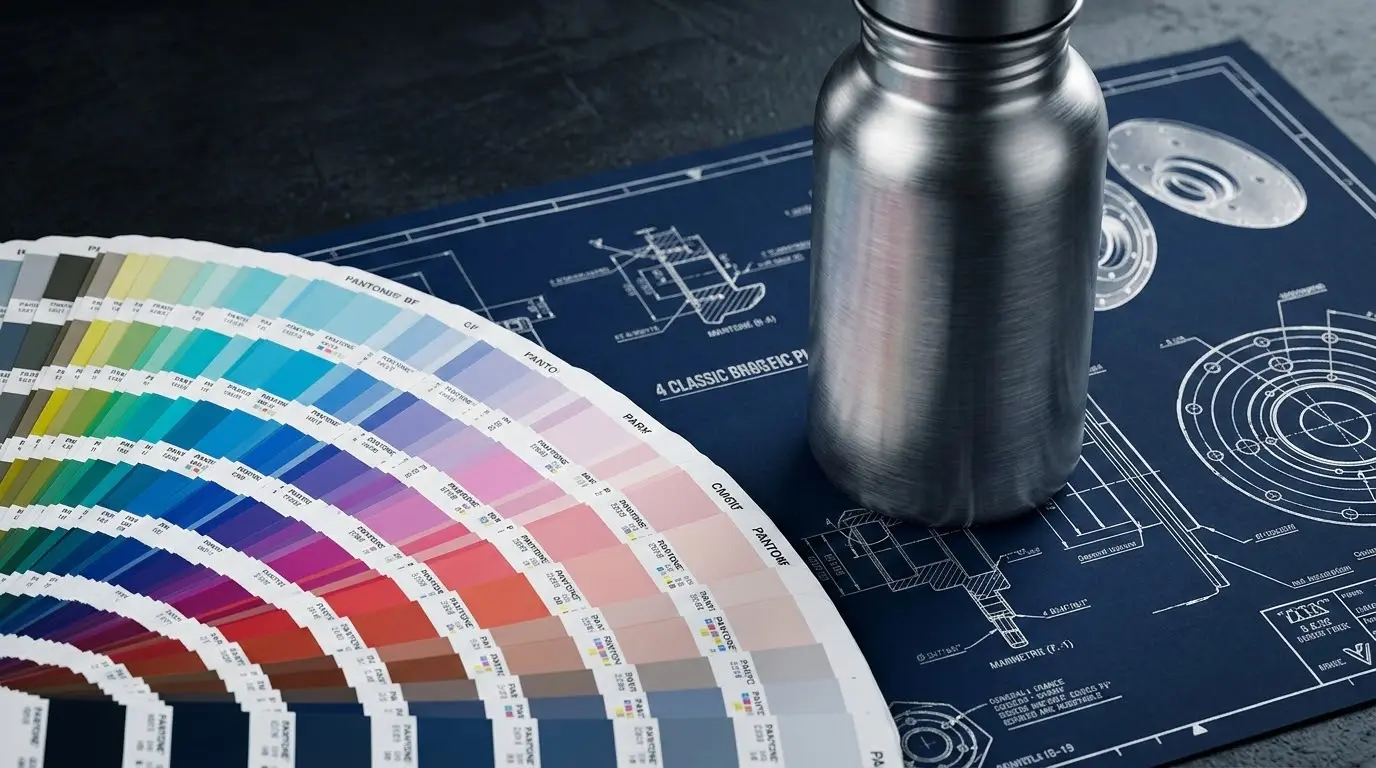 Pantone bridge guide with blueprint and stainless bottle